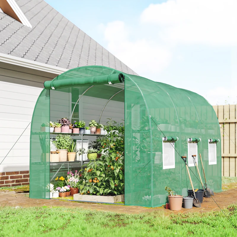 Outsunny Invernadero de Exterior 2,8x2x1,9 m con Estantes, Invernadero de Túnel con Puerta Enrollable, 6 Ventanas de Malla, Cubierta PE y Marco de Acero Galvanizado, Anti-UV, Impermeable, Verde