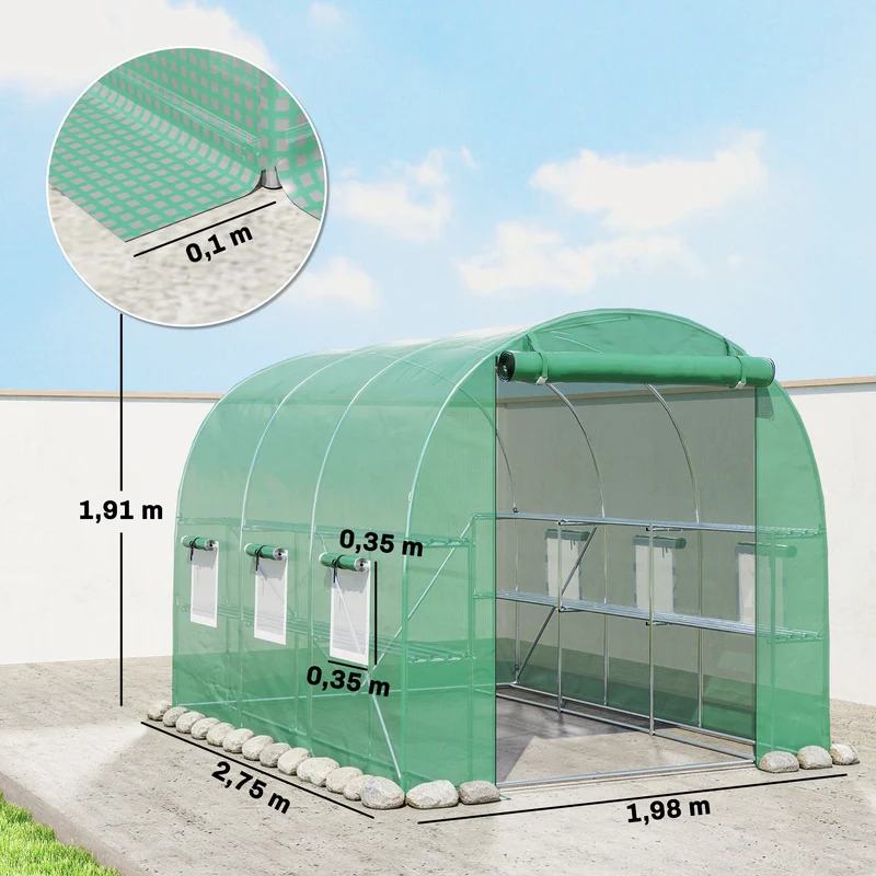 Outsunny Invernadero de Exterior 2,8x2x1,9 m con Estantes, Invernadero de Túnel con Puerta Enrollable, 6 Ventanas de Malla, Cubierta PE y Marco de Acero Galvanizado, Anti-UV, Impermeable, Verde