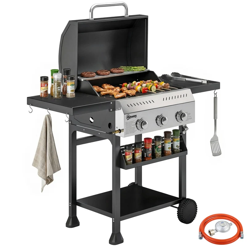 Outsunny Barbacoa de Gas BBQ Gas con 3 Quemadores 9 kW Barbacoa Portátil con Termómetro Mesas Laterales Plegables Estante Rejilla Calentadora Especiero Parrilla Recogedor Grasa 2 Ruedas Ganchos Negro