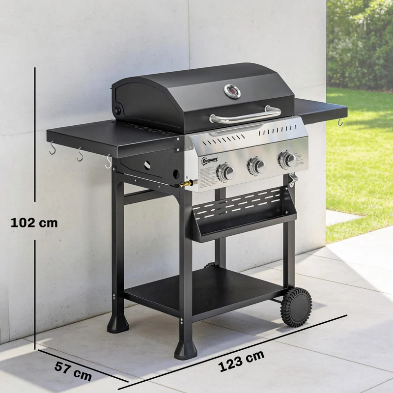 Outsunny Barbacoa de Gas BBQ Gas con 3 Quemadores 9 kW Barbacoa Portátil con Termómetro Mesas Laterales Plegables Estante Rejilla Calentadora Especiero Parrilla Recogedor Grasa 2 Ruedas Ganchos Negro