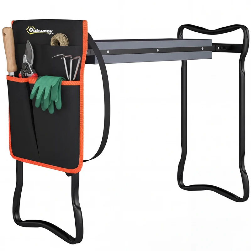Outsunny Taburete de Jardín Plegable con Almohadilla de Espuma EVA, Asiento de Jardín Portátil con Bolsa para Herramientas en Cintura, Carga 150 kg, Regalo para Jardineros, Ancianos, Negro