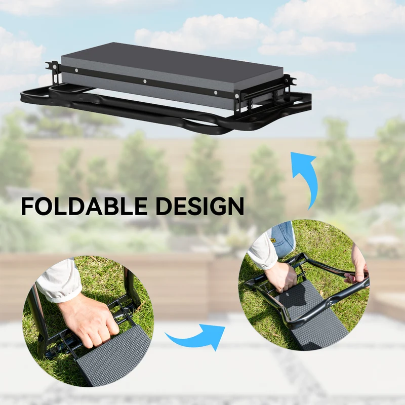 Outsunny Taburete de Jardín Plegable con Almohadilla de Espuma EVA, Asiento de Jardín Portátil con Bolsa para Herramientas en Cintura, Carga 150 kg, Regalo para Jardineros, Ancianos, Negro