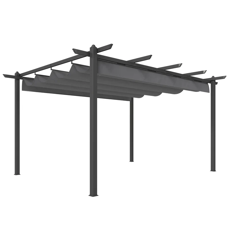 Outsunny Pérgola de Jardín 4x3 m con Techo Retráctil, Cenador de Jardín con Estructura de Aluminio, UPF30+, Orificios de Drenaje, Pabellón para Exterior, Patio, Terraza, Gris