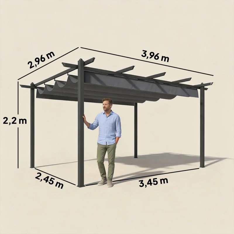Outsunny Pérgola de Jardín 4x3 m con Techo Retráctil, Cenador de Jardín con Estructura de Aluminio, UPF30+, Orificios de Drenaje, Pabellón para Exterior, Patio, Terraza, Gris