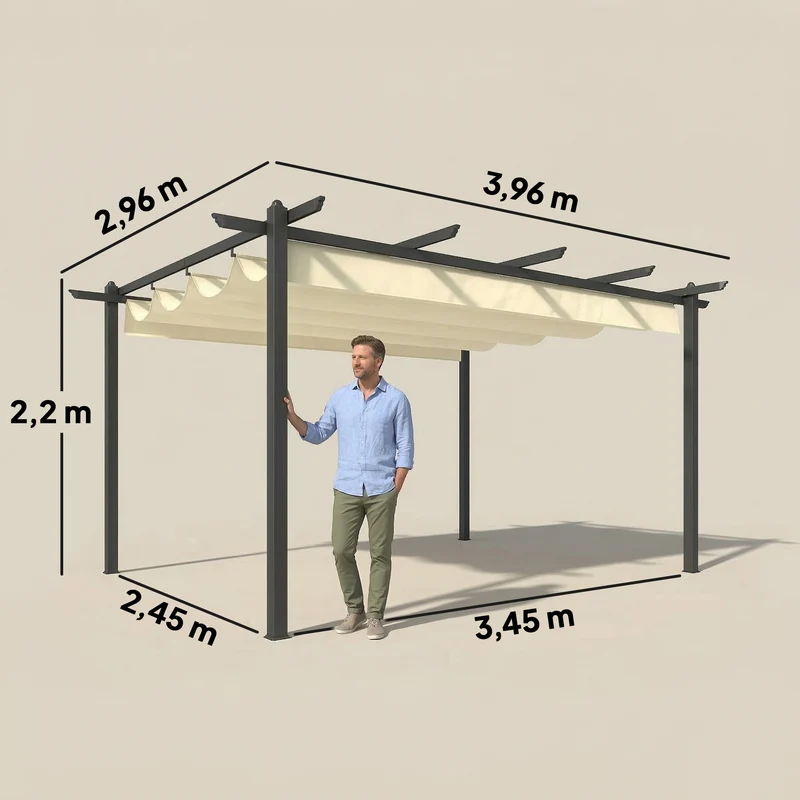 Outsunny Pérgola de Jardín 4x3 m con Techo Retráctil, Cenador de Jardín con Estructura de Aluminio, UPF30+, Orificios de Drenaje, Pabellón para Exterior, Patio, Terraza, Crema