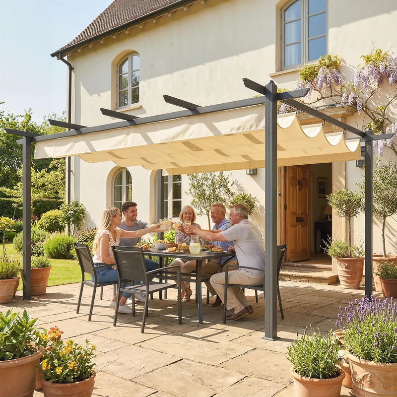 Outsunny Pérgola de Jardín 4x3 m con Techo Retráctil, Cenador de Jardín con Estructura de Aluminio, UPF30+, Orificios de Drenaje, Pabellón para Exterior, Patio, Terraza, Crema