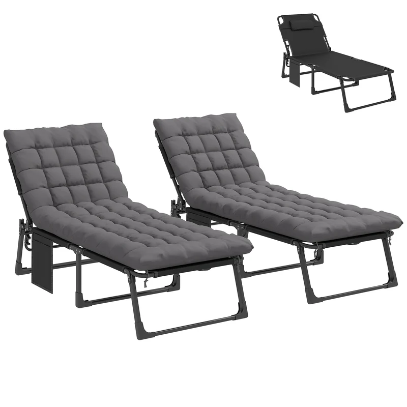 Outsunny Set de 2 Tumbonas Jardín Exterior, Tumbonas Plegables con Cojines, Respaldo Reclinable 5 Posiciones, Asiento Extra Ancho de Textilene, Bolsillo Lateral y Reposacabezas para Playa, Gris Oscuro