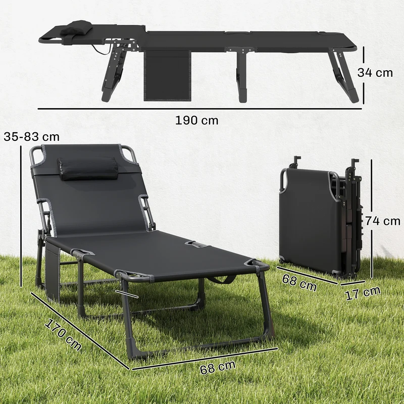 Outsunny Set de 2 Tumbonas Jardín Exterior, Tumbonas Plegables con Cojines, Respaldo Reclinable 5 Posiciones, Asiento Extra Ancho de Textilene, Bolsillo Lateral y Reposacabezas para Playa, Gris Oscuro