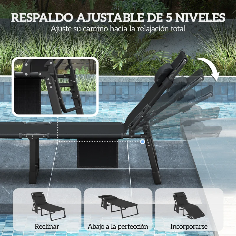 Outsunny Set de 2 Tumbonas Jardín Exterior, Tumbonas Plegables con Cojines, Respaldo Reclinable 5 Posiciones, Asiento Extra Ancho de Textilene, Bolsillo Lateral y Reposacabezas para Playa, Gris Oscuro