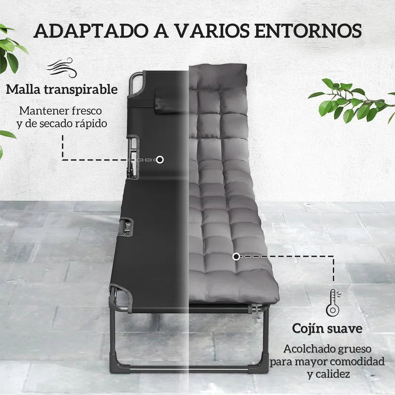 Outsunny Set de 2 Tumbonas Jardín Exterior, Tumbonas Plegables con Cojines, Respaldo Reclinable 5 Posiciones, Asiento Extra Ancho de Textilene, Bolsillo Lateral y Reposacabezas para Playa, Gris Oscuro