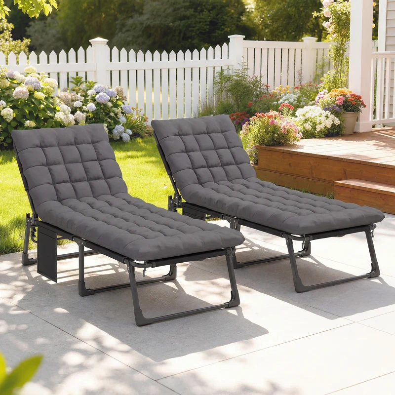Outsunny Set de 2 Tumbonas Jardín Exterior, Tumbonas Plegables con Cojines, Respaldo Reclinable 5 Posiciones, Asiento Extra Ancho de Textilene, Bolsillo Lateral y Reposacabezas para Playa, Gris Oscuro