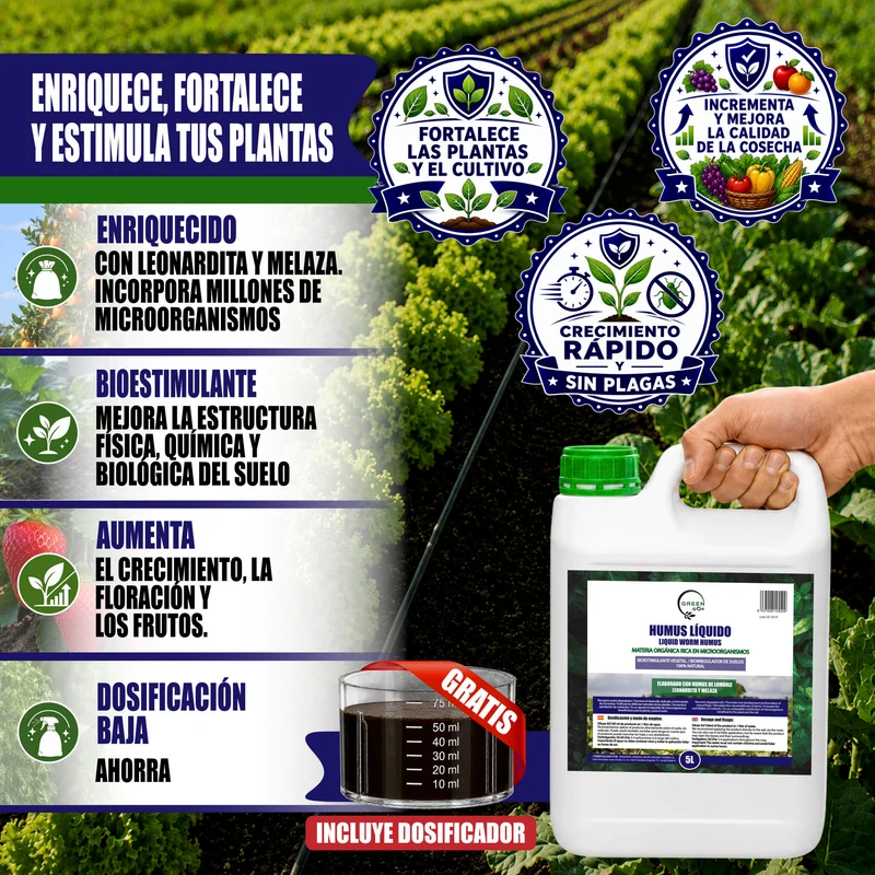 GREEN GOF Humus Líquido De Lombriz Premium 5l. Enriquecido Con Leonardita Y Melaza. Fertilizante Rico En Microorganismos