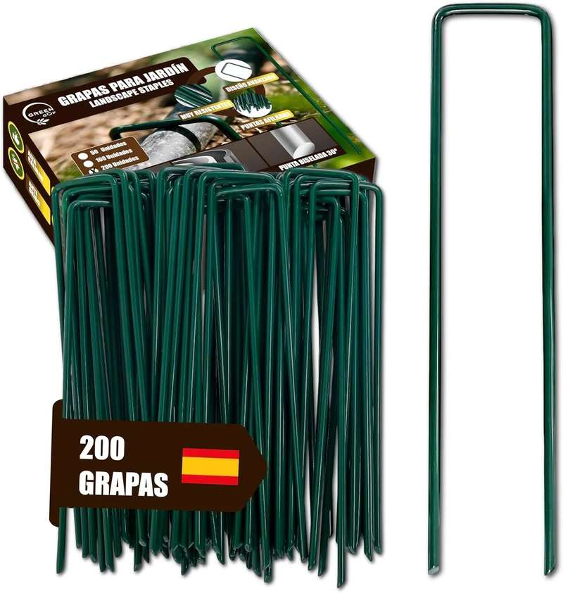 GREEN GOF 200 Grapas Verdes Para Cesped Artificial, Malla Antihierba Y Jardin. Acero Galvanizado, 15x4cm, Ø3mm.