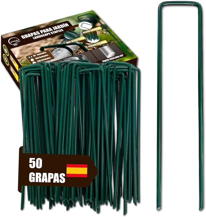 GREEN GOF 50 Grapas Verdes Para Cesped Artificial, Malla Antihierba Y Jardin. Acero Galvanizado, 15x4cm, Ø3mm.