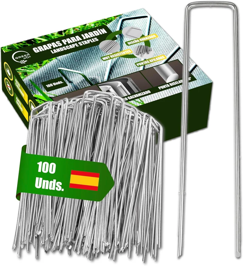 GREEN GOF 100 Grapas Para Malla Antihierba, Cesped Artificial Y Jardin. Acero Galvanizado, 15x4cm, Ø3mm.
