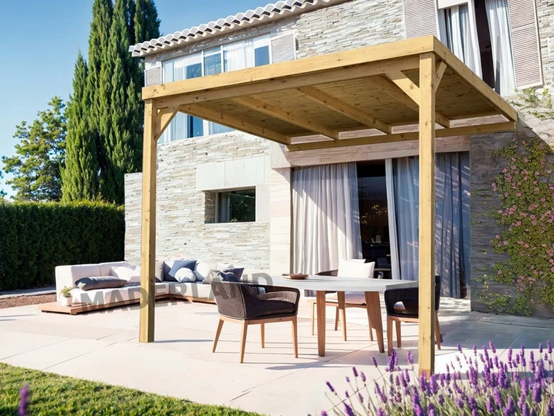 Pérgola Castellón de Madera Maciza Adosada – Diseño Techado para Jardín | Maderland