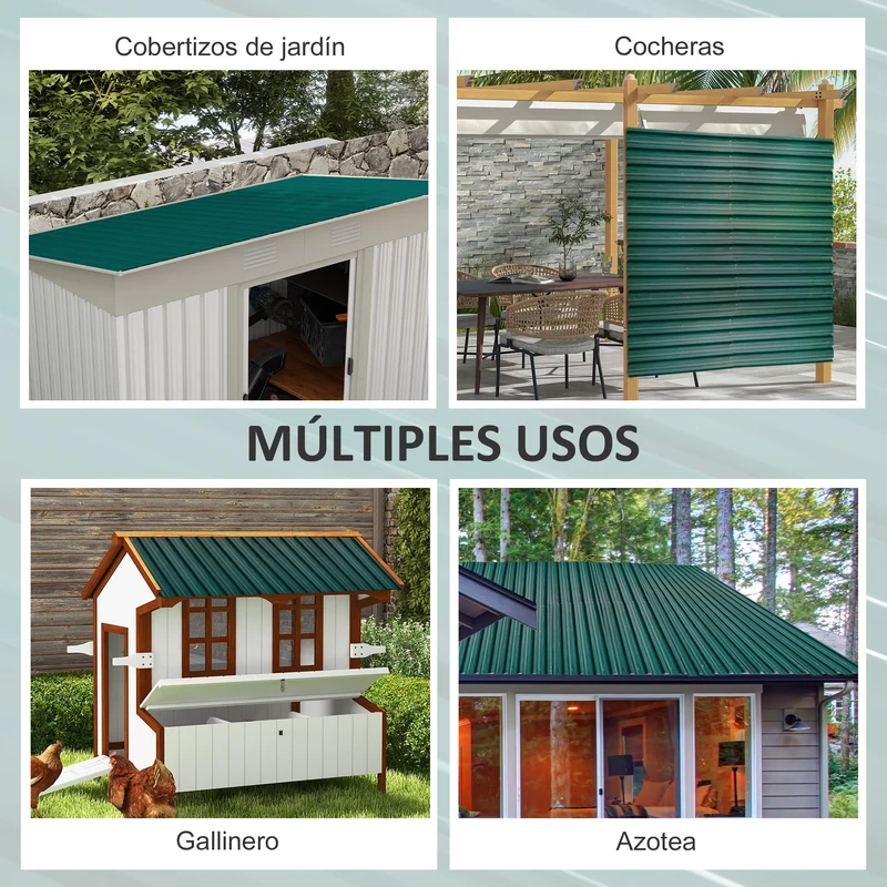 Outsunny Juego de 12 Paneles para Tejado de Acero Galvanizado Chapas Perfiladas de Techo 7m² para Caseta de Herramientas Cobertizo Exterior 129x45cm Verde