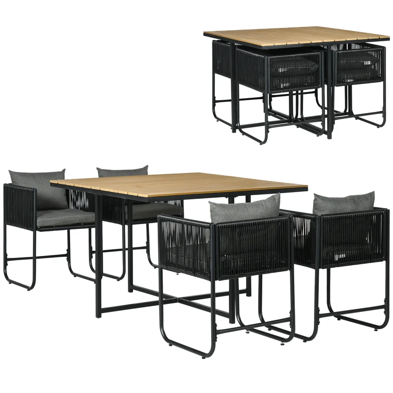 Outsunny Conjunto de Jardín Exterior de Ratán Sintético Juego de Muebles de Jardín para Exterior de Ratán de 5 Piezas con Mesa Cuadrada 4 Sillas Cojines Negro y Natural