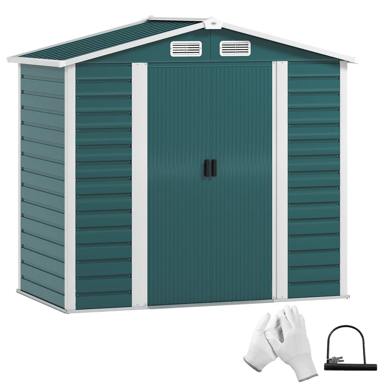 Outsunny Caseta de Jardín Exterior 2,36m² 213x120x194 cm Cobertizo de Jardín Exterior con Base Refuerzo (Suelo NO Incluido) Puertas Correderas Dobles Candado Ventanas Verde Oscuro