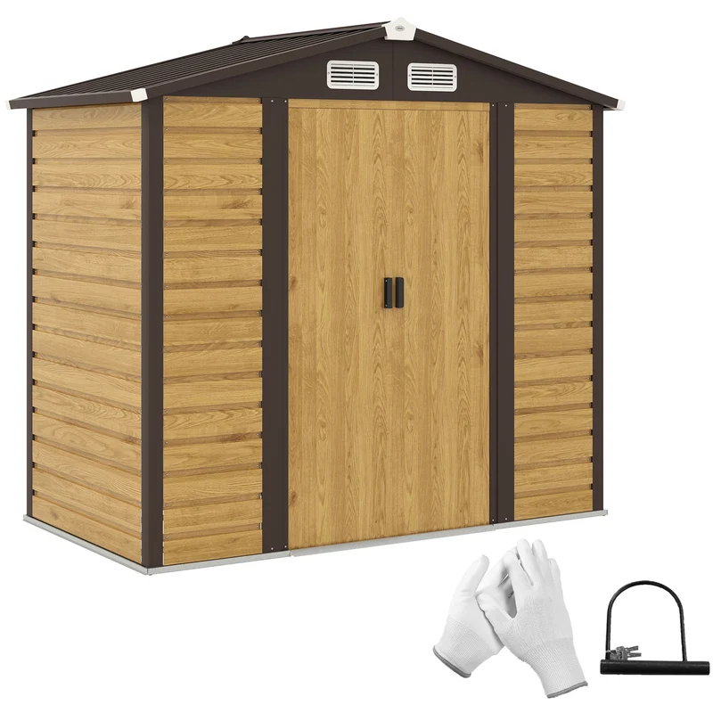 Outsunny Caseta de Jardín Exterior 2,36m² 213x120x194 cm Cobertizo de Jardín Exterior con Base Refuerzo (Suelo NO Incluido) Puertas Correderas Dobles Candado Ventanas Roble