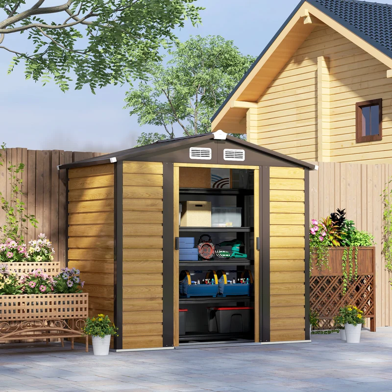 Outsunny Caseta de Jardín Exterior 2,36m² 213x120x194 cm Cobertizo de Jardín Exterior con Base Refuerzo (Suelo NO Incluido) Puertas Correderas Dobles Candado Ventanas Roble