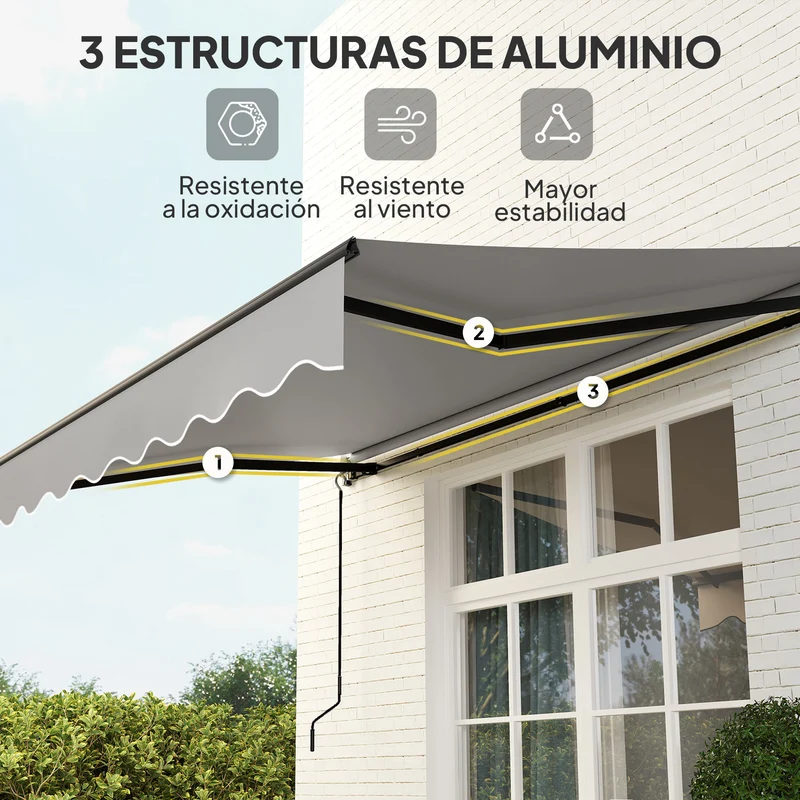 Outsunny Toldo Manual Retráctil 360x220 cm Toldo para Balcón con Manivela de Aluminio 3 Brazos y Protección UV30+ Toldo Enrollable de Exterior para Jardín Terraza Ventanas Gris