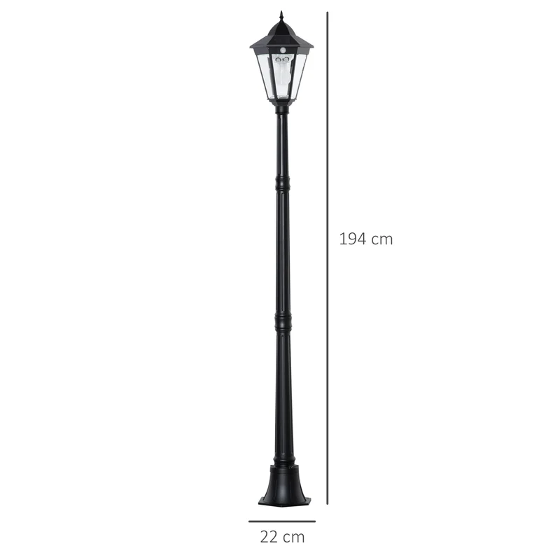 Outsunny Farola Solar Luz Solar de Exterior con Panel Solar Encendido y Apagado Automático Resistente a la Intemperie Marco de Aluminio IP44 para Terraza Patio 22x22x194 cm Negro