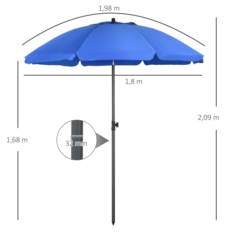 Outsunny Sombrilla de Playa Grande Ø180 cm Sombrilla de Terraza Exterior con Ángulo Ajustable Protección UV50+ Impermeable Mástil de Ø32 mm Azul