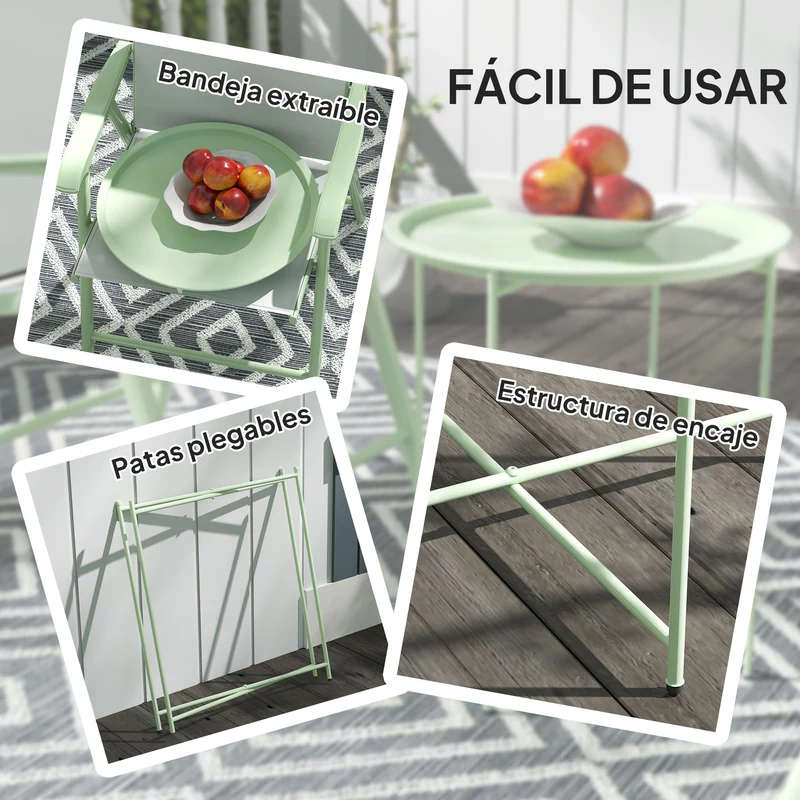 Outsunny Mesa Auxiliar Redonda Mesa de Jardín Exterior con Bandeja Extraíble Patas Plegables Mesa para Exterior Terraza Patio Ø46x50 cm Verde