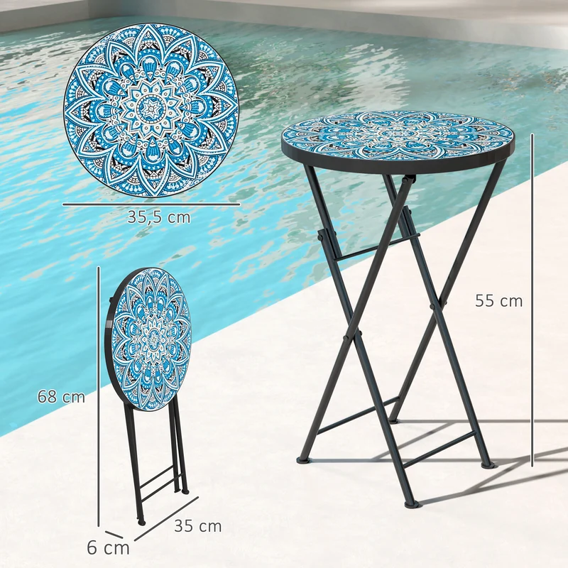 Outsunny Mesa Auxiliar Redonda Mesa de Jardín Exterior Plegable con Encimera de Mosaico y Almohadillas Antideslizantes Mesa para Exterior Terraza Patio Ø35,5x55 cm Azul