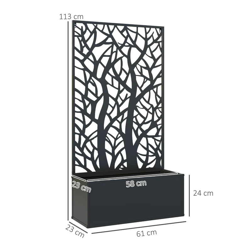 Outsunny Jardinera Exterior Grande de Metal Jardinera con Pantalla de Privacidad de Hojas Decorativas Jardinera de Pared o Independiente para Patio Terraza 61x23x113 cm Negro