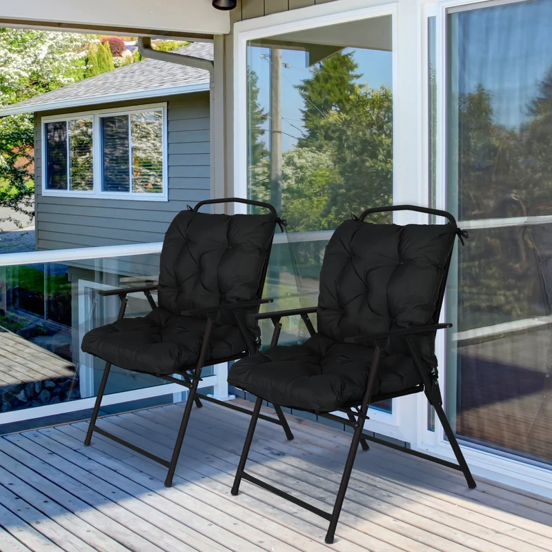 Outsunny Conjunto de 2 Cojines para Silla Cojines para Jardín Colchones de Banco con Respaldo 6 Cordones de Fijación 50x98x8 cm Negro