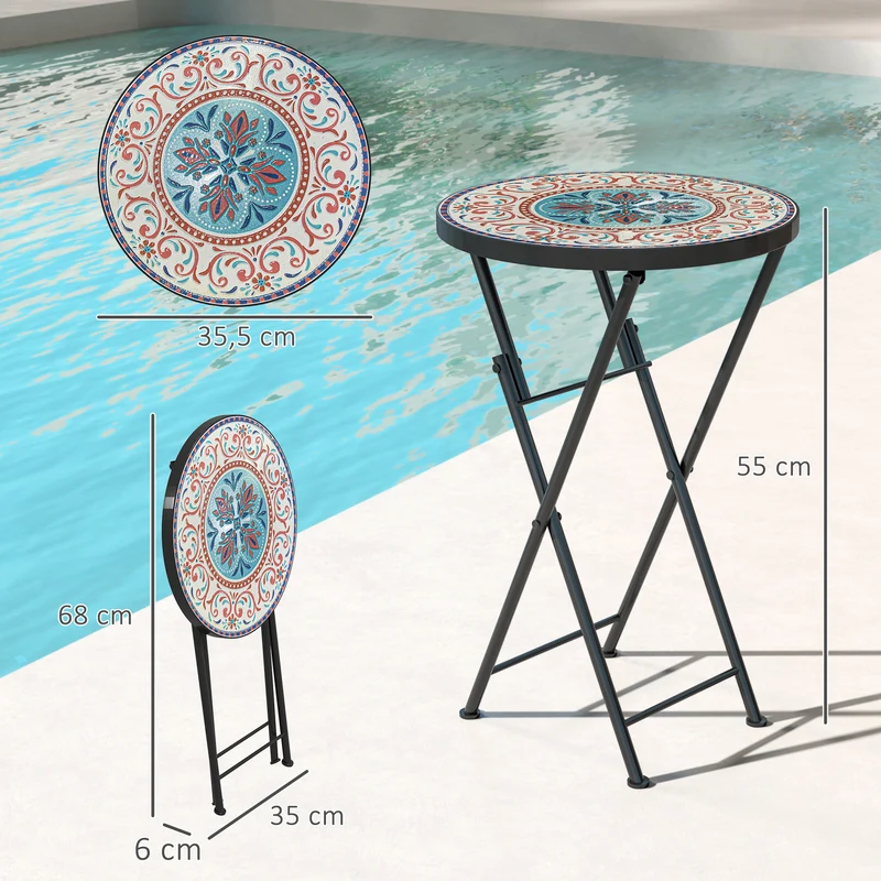 Outsunny Mesa Auxiliar Redonda Mesa de Jardín Exterior Plegable con Encimera de Mosaico y Almohadillas Antideslizantes Mesa para Exterior Terraza Patio Ø35,5x55 cm Multicolor