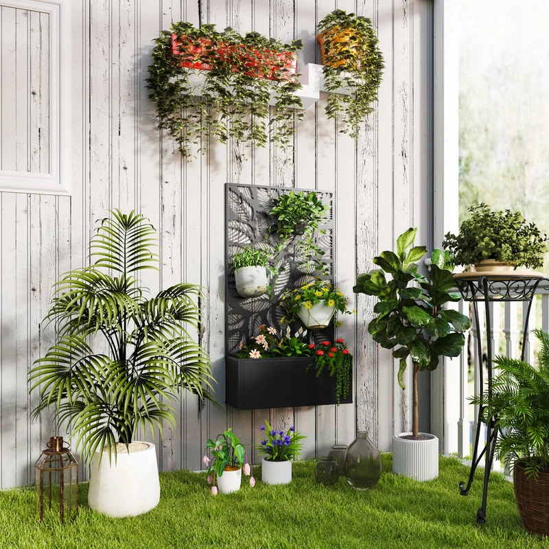 Outsunny Jardinera Exterior Grande de Metal Jardinera con Pantalla de Privacidad de Hojas Decorativas Jardinera de Pared o Independiente para Patio Terraza 61x23x113 cm Negro