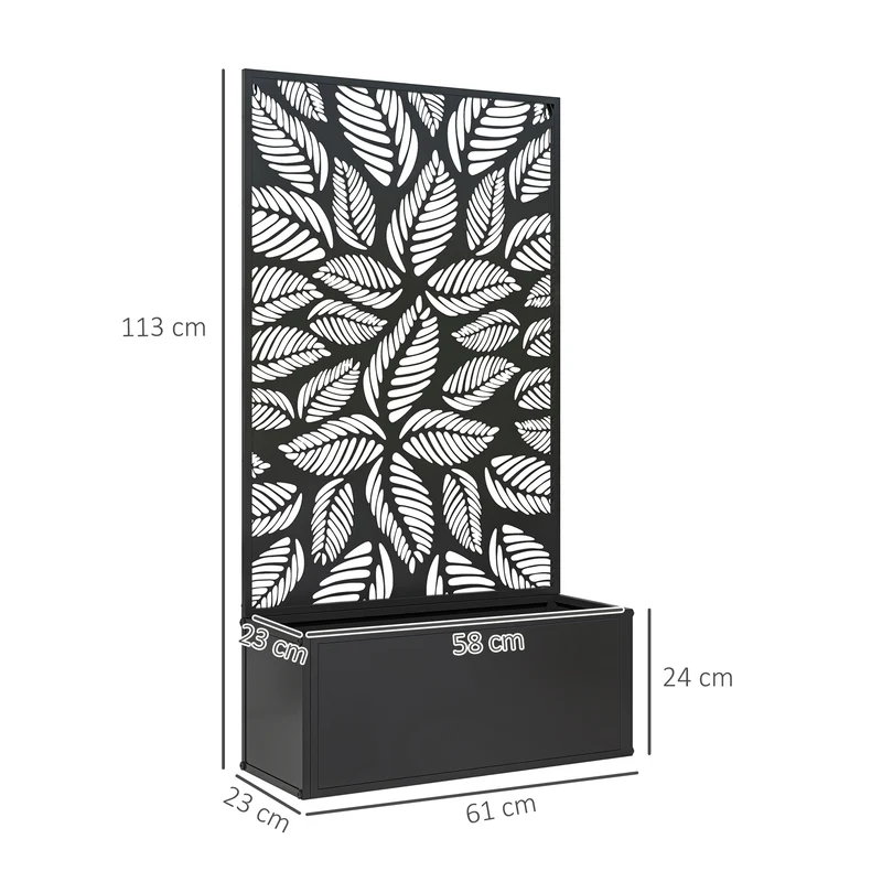 Outsunny Jardinera Exterior Grande de Metal Jardinera con Pantalla de Privacidad de Hojas Decorativas Jardinera de Pared o Independiente para Patio Terraza 61x23x113 cm Negro