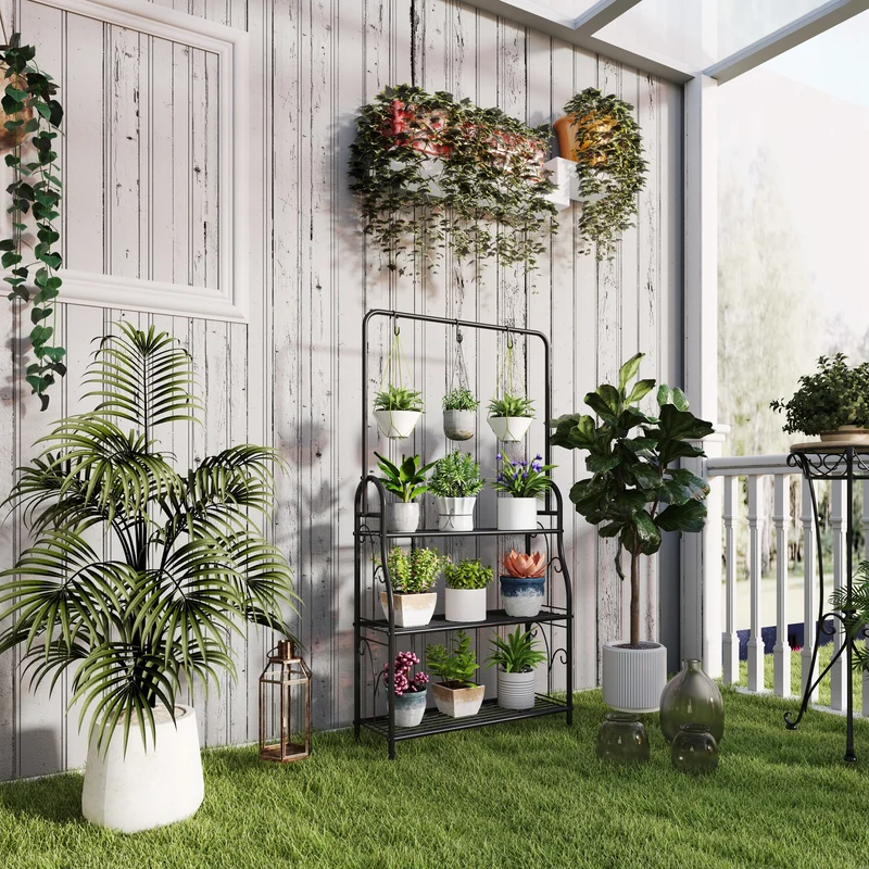 Outsunny Estantería para Plantas de 3 Niveles Soporte para Plantas con Ganchos de Metal Barra para Colgar Soporte para Macetas para Interior y Exterior Negro
