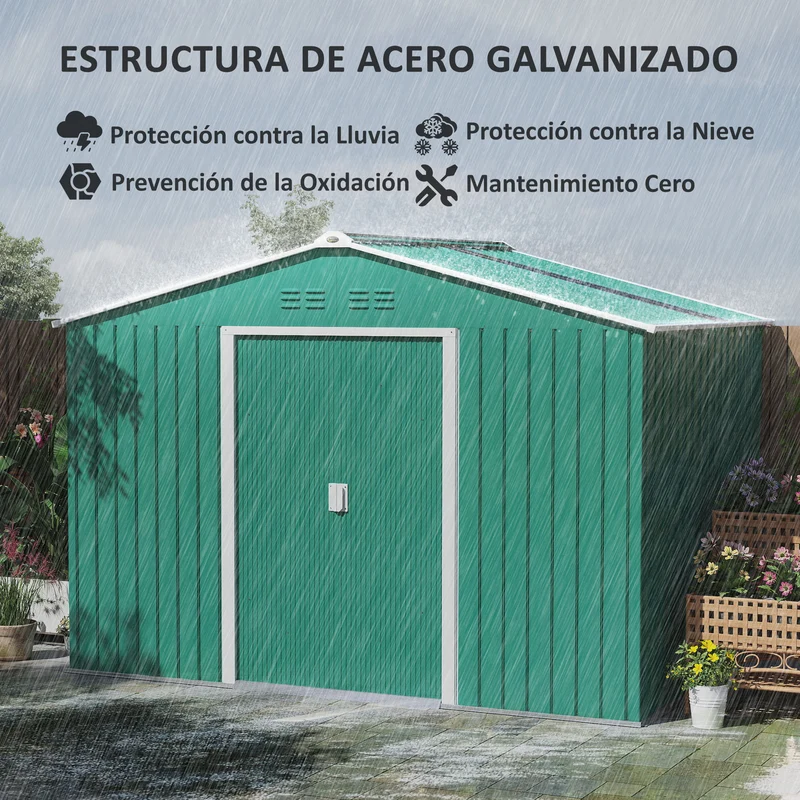 Outsunny Caseta de Jardín Exterior 4,9 m² 277x195x192 cm Cobertizo de Jardín Exterior con Puerta Corredera Techo de Fibra de Vidrio Base Refuerzo (Suelo NO Incluido) y 4 Ventanas Verde