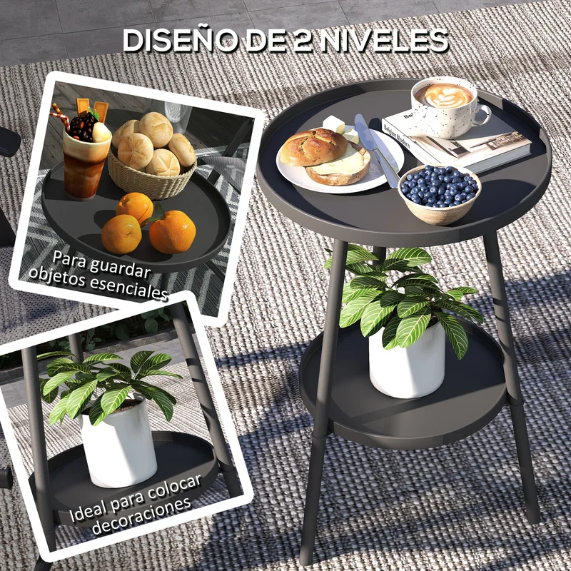 Outsunny Mesa de Jardín Redonda de 2 Niveles Mesa de Terraza Exterior Ø32x51 cm con Bandeja Inferior y Estructura de Metal para Exterior e Interior Negro