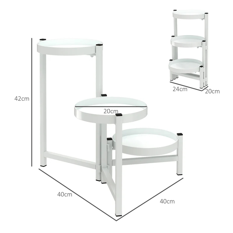 Outsunny Estantería para Plantas Plegable de 3 Niveles Soporte para Plantas de Metal con 3 Estantes Redondos Soporte para Macetas para Interior y Exterior 40x40x42 cm Blanco