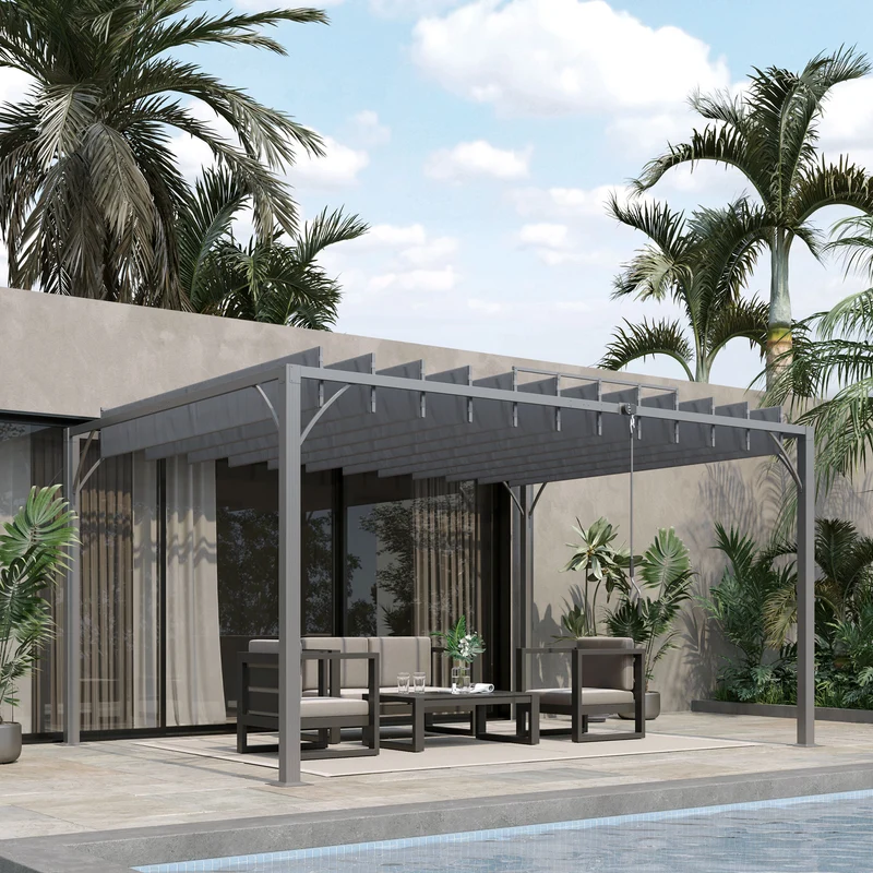 Outsunny Cenador de Jardín 4x3 m Pérgola de Aluminio Gazebo con Diseño de Lamas Superior Giratorio hasta 135° y Protección UV 50+ Pabellón para Patio Terraza Balcón Gris
