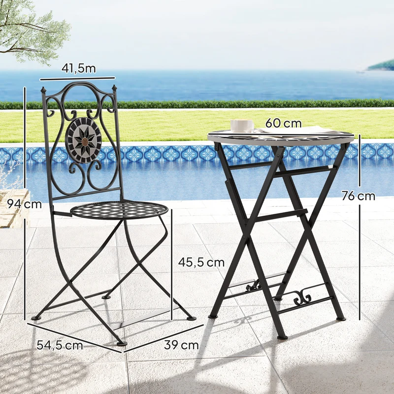 Outsunny Conjunto de Jardín Exterior de 3 Piezas Muebles de Jardín Exterior con Mesa Redonda Sillas Plegables y Patrón de Mosaico Geométrico para Terraza Patio Balcón Multicolor