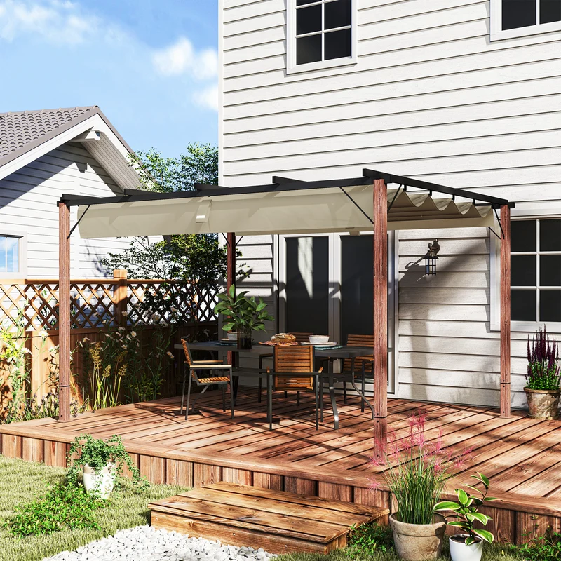 Outsunny Pérgola con Techo Retráctil Pérgola de Aluminio 4x3 m Cenador con Tela de Poliéster Anti-UV Resistente al Agua Pabellón para Jardín Patio Terraza Exterior Natural y Café