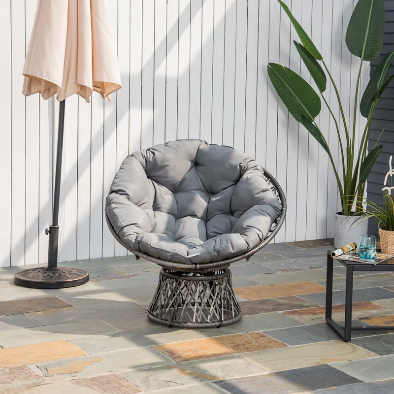 Outsunny Sillón Papasan Giratorio de Ratán Sintético Silla Ovalada de Mimbre PE con Cojín y Marco de Acero Carga 160 kg para Jardín Patio Terraza 87x97x86 cm Gris