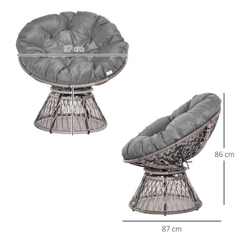 Outsunny Sillón Papasan Giratorio de Ratán Sintético Silla Ovalada de Mimbre PE con Cojín y Marco de Acero Carga 160 kg para Jardín Patio Terraza 87x97x86 cm Gris