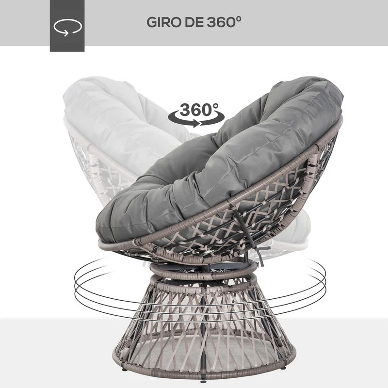 Outsunny Sillón Papasan Giratorio de Ratán Sintético Silla Ovalada de Mimbre PE con Cojín y Marco de Acero Carga 160 kg para Jardín Patio Terraza 87x97x86 cm Gris