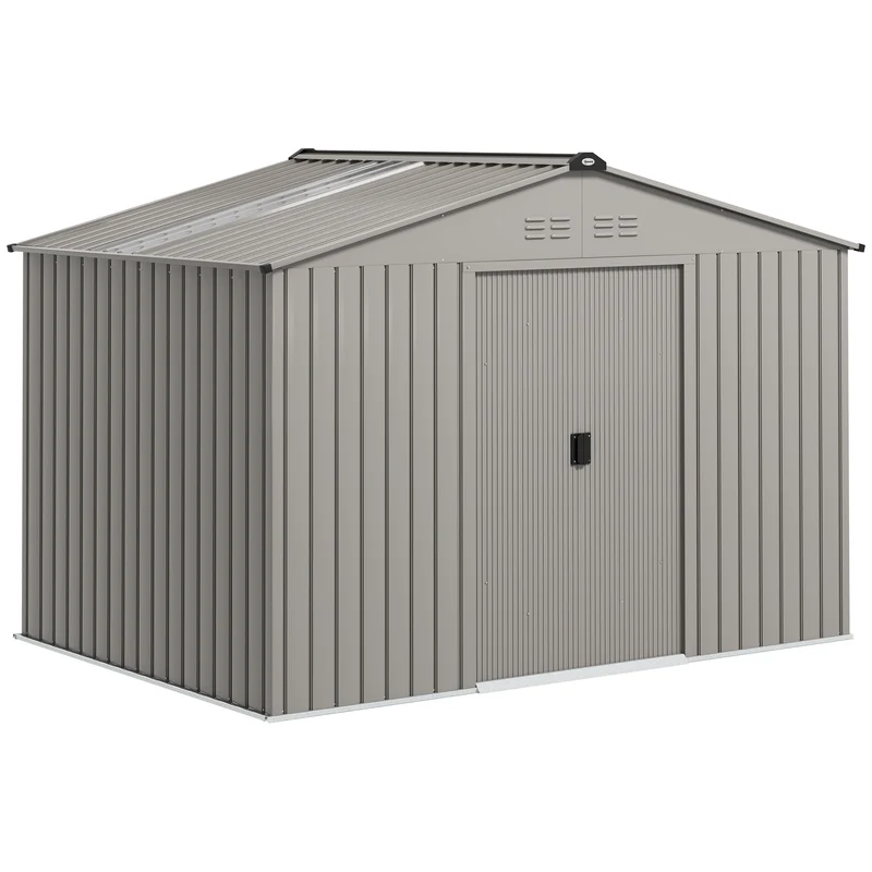Outsunny Caseta de Jardín Exterior 4,9 m² 277x195x192 cm Cobertizo de Jardín Exterior con Puerta Corredera Techo de Fibra de Vidrio Base Refuerzo (Suelo NO Incluido) y 4 Ventanas Gris Plata
