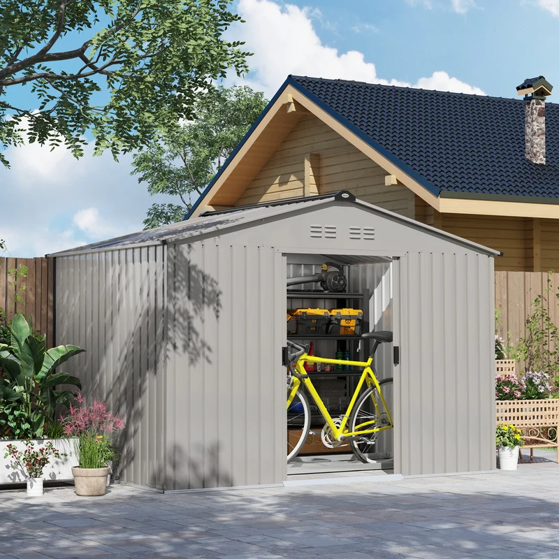 Outsunny Caseta de Jardín Exterior 4,9 m² 277x195x192 cm Cobertizo de Jardín Exterior con Puerta Corredera Techo de Fibra de Vidrio Base Refuerzo (Suelo NO Incluido) y 4 Ventanas Gris Plata
