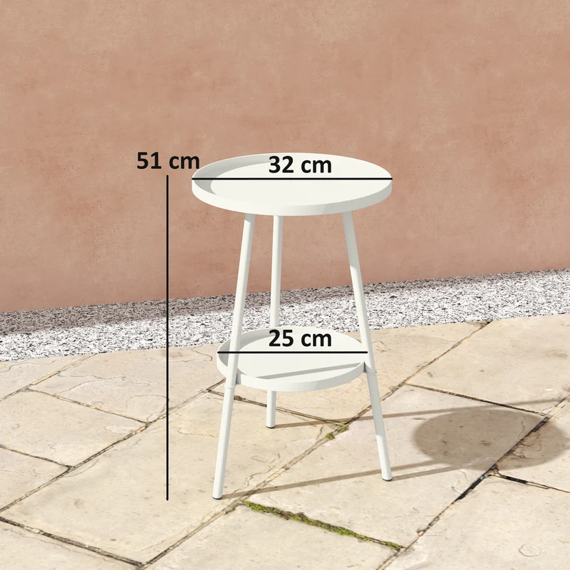 Outsunny Mesa de Jardín Redonda de 2 Niveles Mesa de Terraza Exterior Ø32x51 cm con Bandeja Inferior y Estructura de Metal para Exterior e Interior Blanco