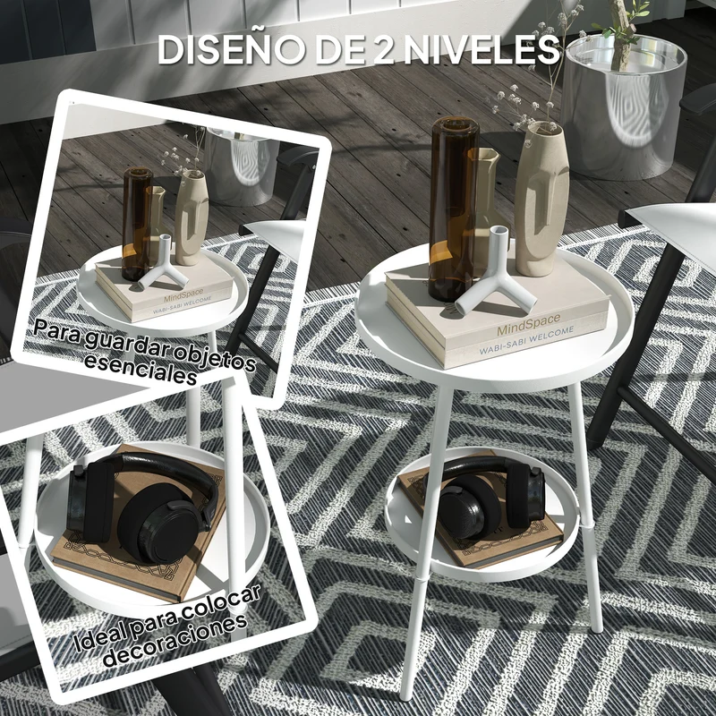 Outsunny Mesa de Jardín Redonda de 2 Niveles Mesa de Terraza Exterior Ø32x51 cm con Bandeja Inferior y Estructura de Metal para Exterior e Interior Blanco