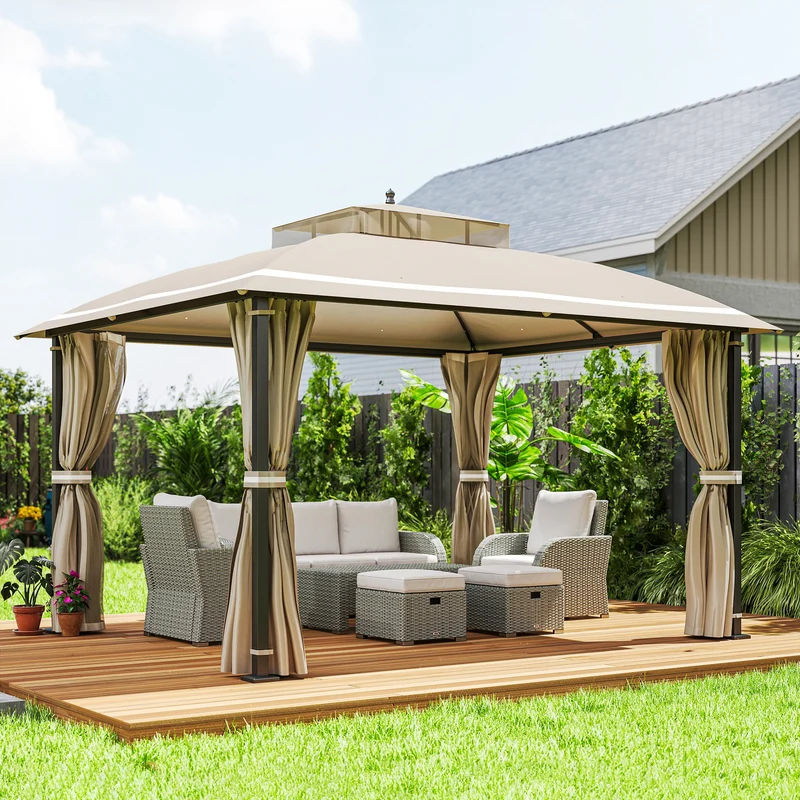 Outsunny Cenador para Jardín 3,7x3 m Pérgola de Jardín Gazebo con Doble Techo Paredes Laterales Mosquiteras Resistente al Agua Anti-UV Carpa para Exterior Terraza Patio Beige